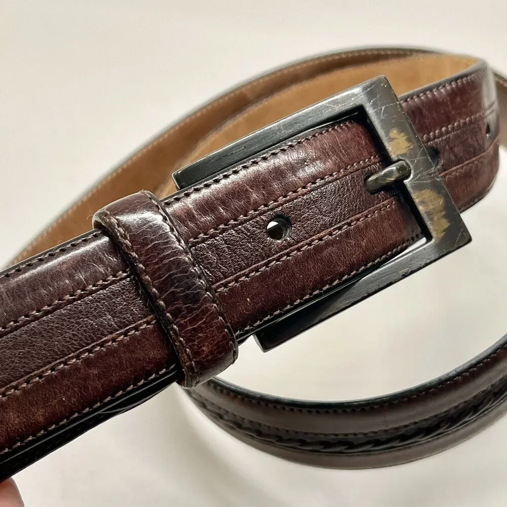 Mocha Dark Brown Spanish Leather Belt Mezlan Mens Size 38 M Herringbone Weave